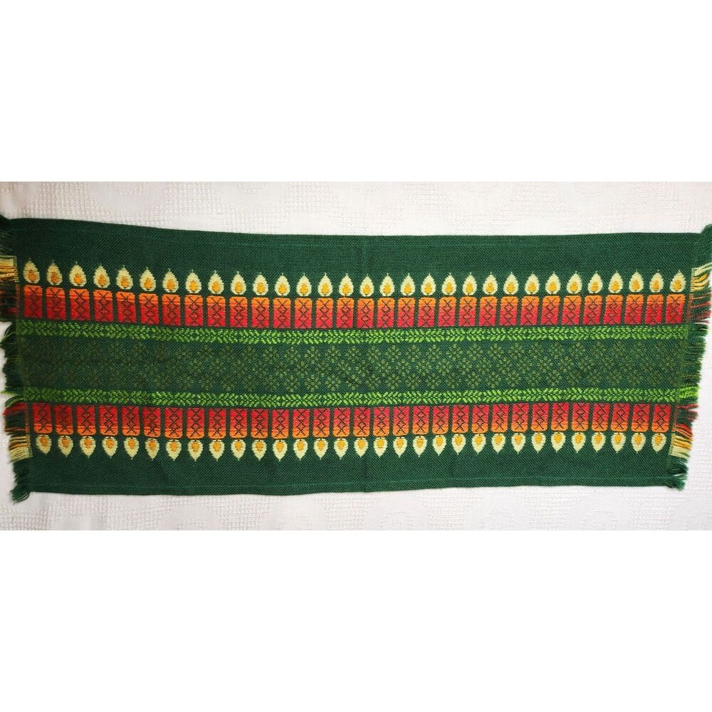 Vintage Candle Theme Table Runner Woven Retro Green Mid Century Ethnic